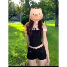 批发甜辣妹美式复古黑白拼接一字肩短袖T恤女<b class='q'>夏季</b>新款辣妹性感上衣