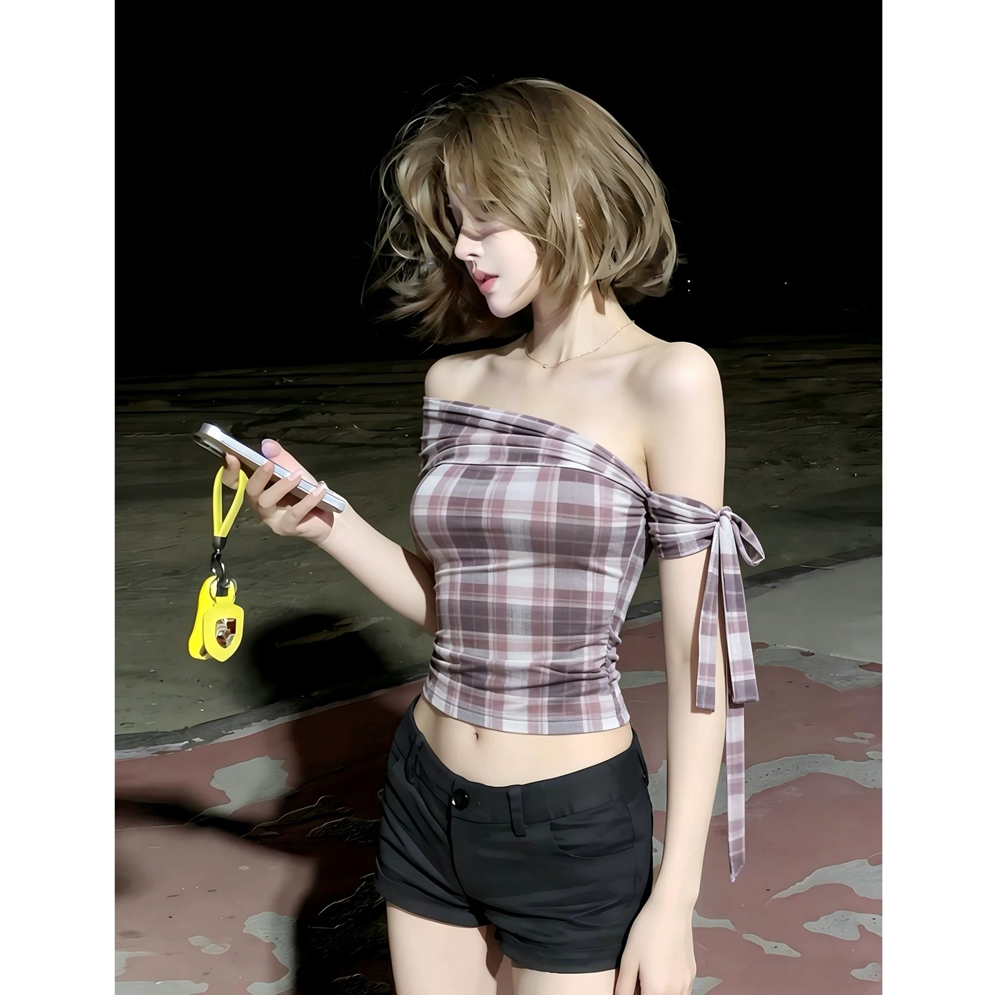 아메리칸 레트로 오프숄더 핫걸 바람 비스듬한 칼라 체크무늬 티셔츠 여성 여름 새로운 디자인 센스 슬림해 보이는 반팔 맨위