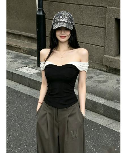 사람들 면 빈 가스 층 망사 튜브탑 캐미솔 여름 오프숄더 핫걸 몸매 가꾸기 검정색 쇼트 스타일 맨위