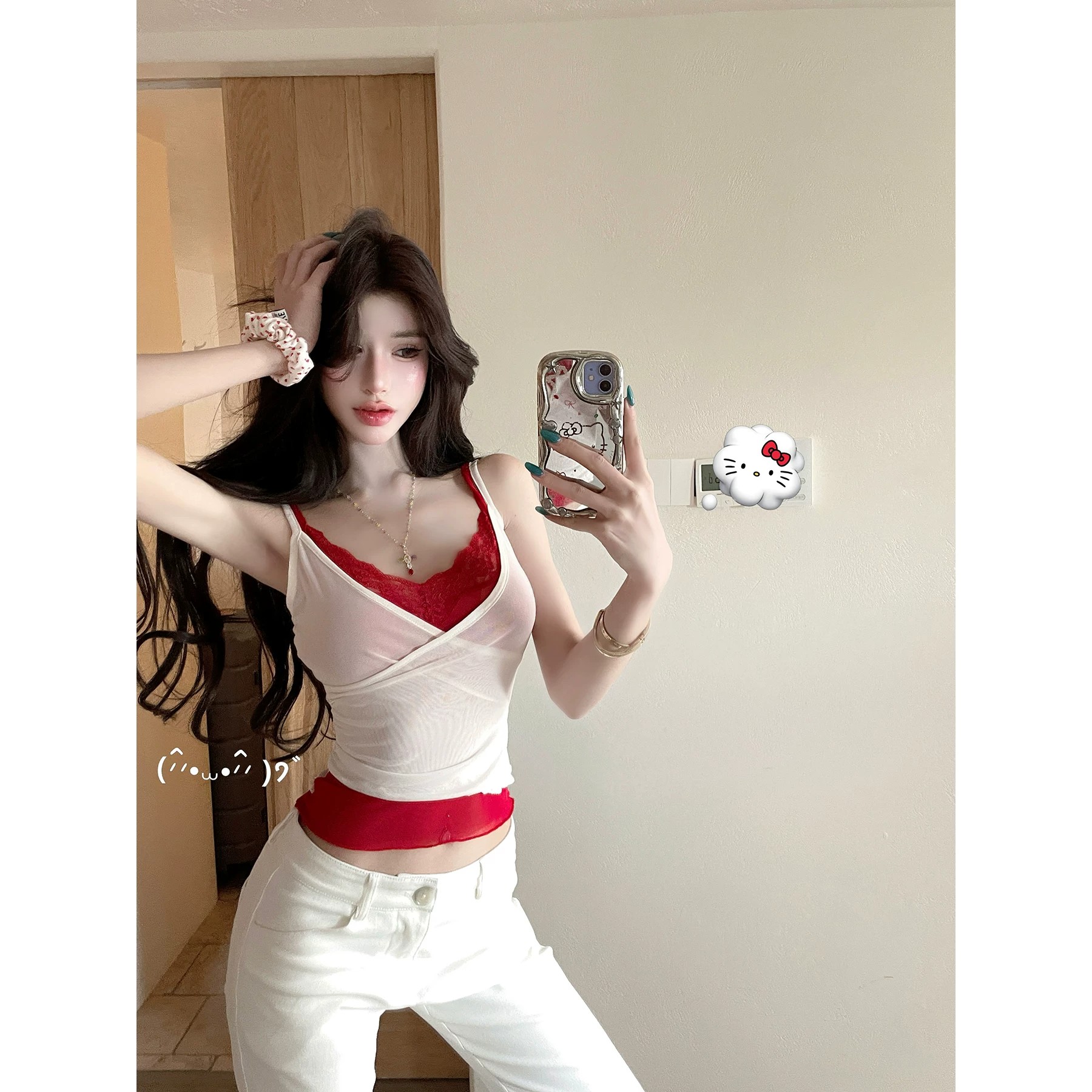 핫걸 바람 페이크 레이어드 레이스 캐미솔 여름 달콤함 핫걸 바람 V넥 몸매 가꾸기 분위기 센스 맨위 트렌디
