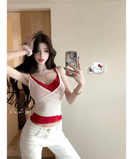 핫걸 바람 페이크 레이어드 레이스 캐미솔 여름 달콤함 핫걸 바람 V넥 몸매 가꾸기 분위기 센스 맨위 트렌디