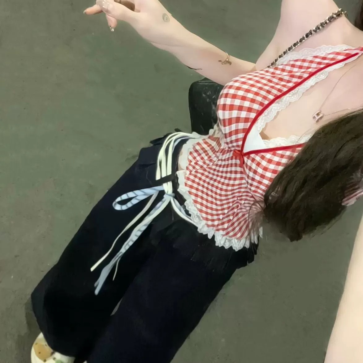 빨간색 체크무늬 조끼 슬립 패치워크 레이스 섹시함 행침 목 핫걸 맨위