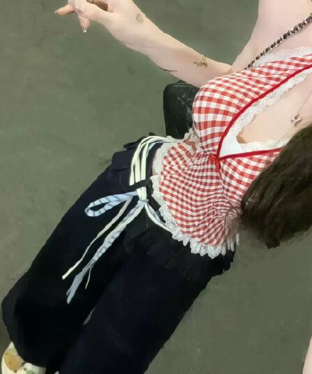 원본 원단 것 수 있습니다. 대비 빨간색 체크무늬 조끼 슬립 패치워크 레이스 섹시함 행침 목 핫걸 맨위
