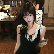 批发260克人棉#夏季辣妹修身显瘦蕾丝拼接<b class='q'>连衣裙</b>女V领<b class='q'>时尚</b>洋气长裙子