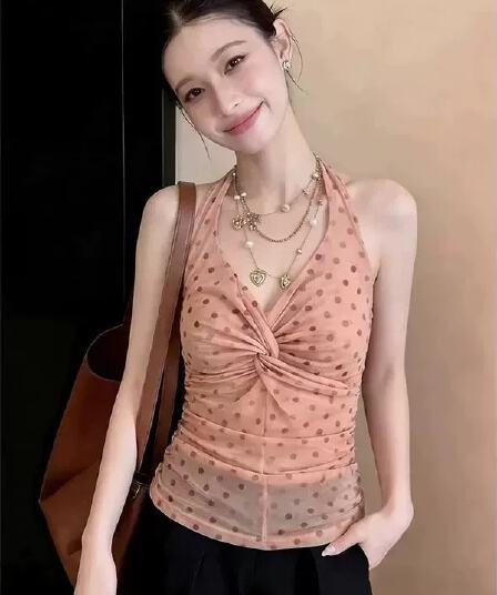 프랑스식 달콤한 스타일 도트 무늬 V넥 비틀림 캐미솔 여름 몸매 가꾸기 슬림해 보이는 고유 한 Chic 민소매 맨위