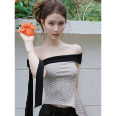 40支纯棉#撞色飘带一字肩条纹T恤女夏季收腰显瘦绑带辣妹无袖上衣