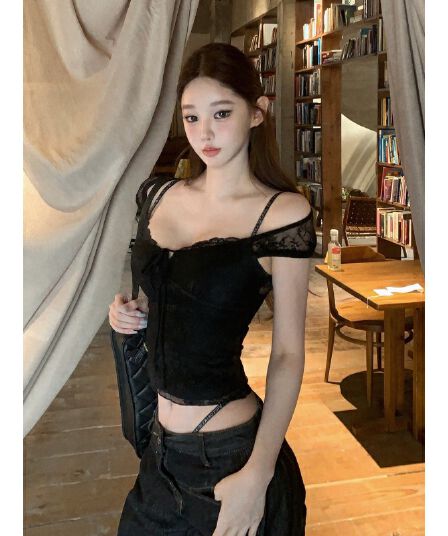 한 부서 레트로 나비 매듭 검정색 반팔 티셔츠 여성 여름 몸매 가꾸기 슬림해 보이는 디자인 센스 다용도 캐주얼 맨위 트렌디