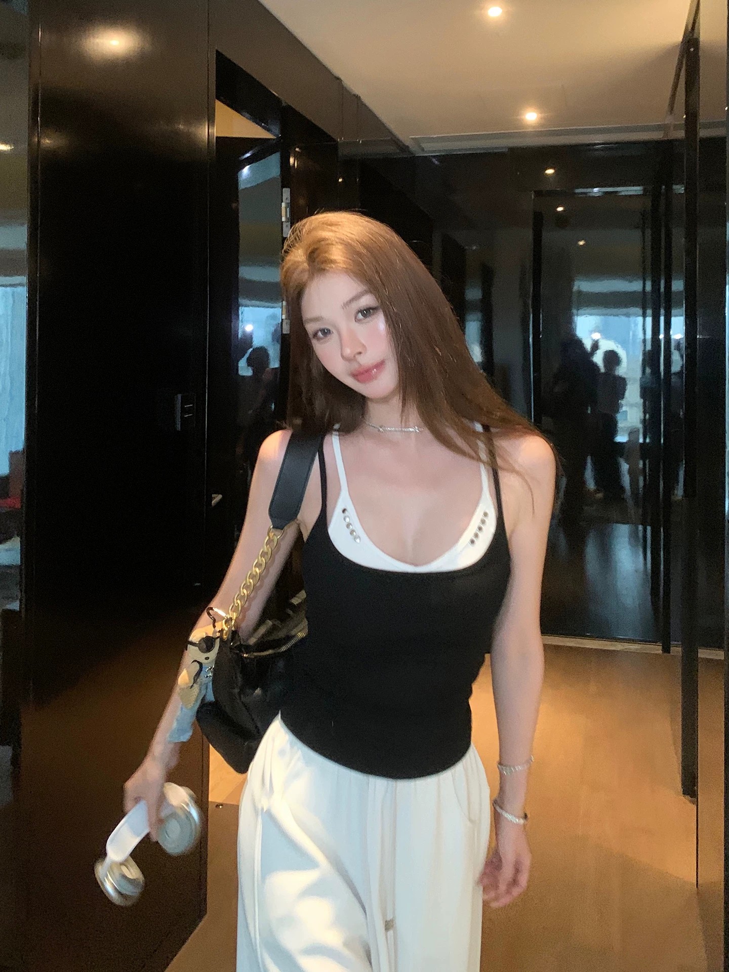 40 순면 아메리칸 핫걸 작은 대중 디자인 센스 징 배색 페이크 레이어드 캐미솔 민소매 맨위