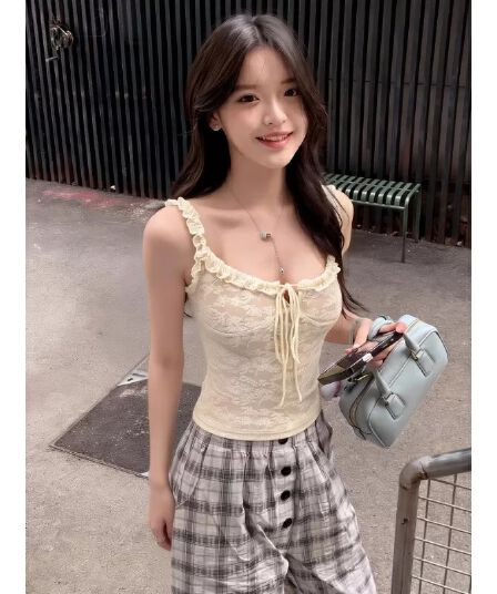 레이스 안감 레이스 프릴 캐미솔 핫걸 순수한 욕망 바람 여름 작은 대중 몸매 가꾸기 슬림해 보이는 맨위