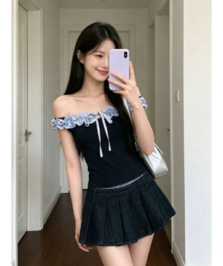 아메리칸 레트로 배색 프릴 레이스업 반팔 티셔츠 여성 여름 작은 키 허리 수축 핫걸 오프숄더 짧은 맨위