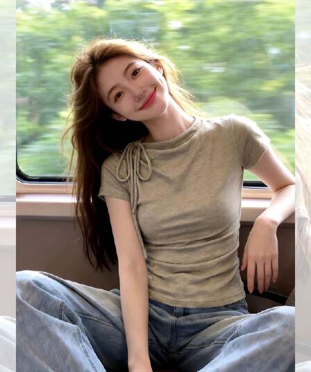 아메리칸 레트로 스트랩 비스듬한 어깨 반팔 티셔츠 여성 여름 모달 이끼 녹색 몸매 가꾸기 슬림해 보이는 허리 수축 작은 맨위
