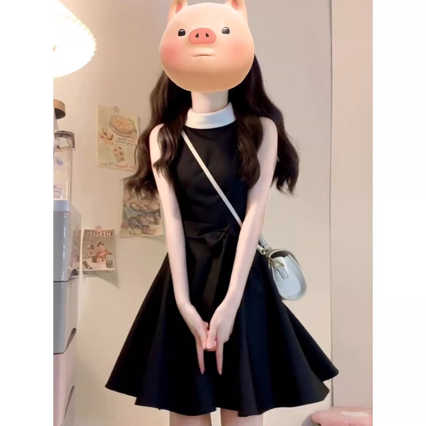 있음 안감 그는 벤 바람 민소매 검정색 여성 드레스 허리 수축 A라인 스커트 천 골드 고급 센스 치마 여름 새로운