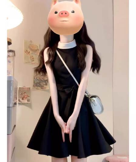 있음 안감 그는 벤 바람 민소매 검정색 여성 드레스 허리 수축 A라인 스커트 천 골드 고급 센스 치마 여름 새로운