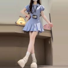 批发蓝色格纹衬衫连衣裙女装2026<b class='q'>夏</b>季爆款小个子收腰显瘦气质百褶短裙