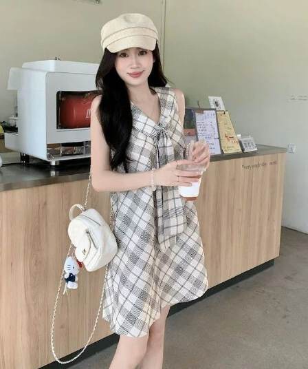 학원 스타일 체크무늬 레이스업 여성 드레스 2026 여름 새로운 슬림해 보이는 연령 감소 해군 칼라 작은 대중 조끼 미니 스커트
