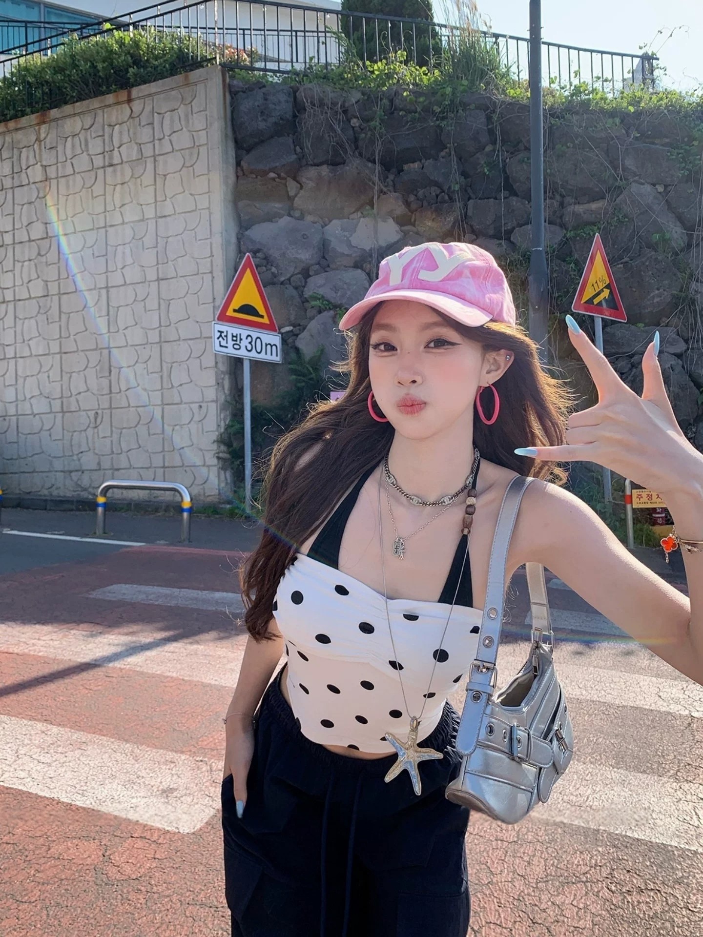 한 부서 달콤한 매운맛 3 차원 펌프 Pleat 행침 목 도트 무늬 슬립 여름 페이크 레이어드 몸매 가꾸기 슬림해 보이는 배색 소녀 바람 맨위