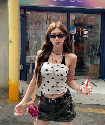 한 부서 달콤한 매운맛 3 차원 펌프 Pleat 행침 목 도트 무늬 슬립 여름 페이크 레이어드 몸매 가꾸기 슬림해 보이는 배색 소녀 바람 맨위