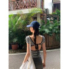 批发韩版条纹U领短袖<b class='q'>T</b><b class='q'>恤</b>女修身显瘦百搭性感露背绑带辣妹上衣夏季新款