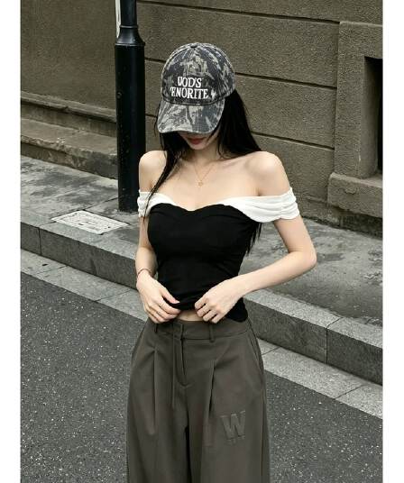 사람들 면 빈 가스 층 망사 튜브탑 캐미솔 여름 오프숄더 핫걸 몸매 가꾸기 검정색 쇼트 스타일 맨위