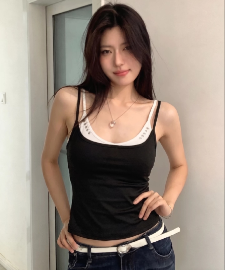 40 순면 아메리칸 핫걸 작은 대중 디자인 센스 징 배색 페이크 레이어드 캐미솔 민소매 맨위