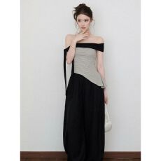 批发40支纯棉#撞色飘带一字肩条纹<b class='q'>T</b><b class='q'>恤</b>女夏季收腰显瘦绑带辣妹无袖上衣