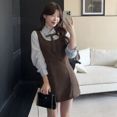 批发假两件连衣裙少女<b class='q'>春</b>秋2026新款初中高中学生休闲学院风格纹短裙子