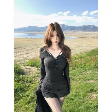 批发德绒# 蕾丝性感<b class='q'>连衣裙</b>女秋季长袖收腰纯欲吊带裙
