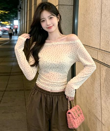 주간 실크 리브 비스듬한 어깨 펌프 Pleat 허리 수축 꽃무늬 긴팔 티셔츠 여성 한 부서 고유 한 아름다운 몸매 가꾸기 슬림해 보이는 맨위