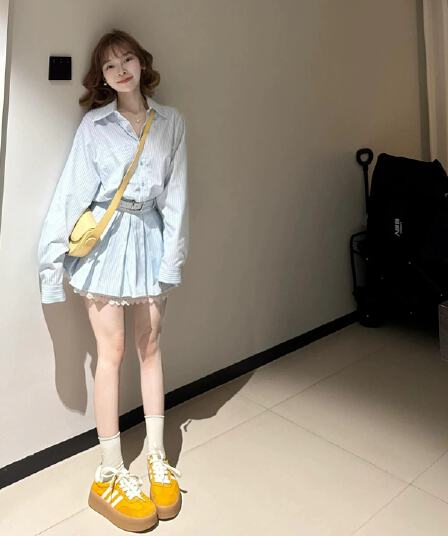벨트 포함 스트라이프 긴팔 여성 드레스 가을 새로운 레이스 조각 작은 키 허리 수축 셔츠 치마