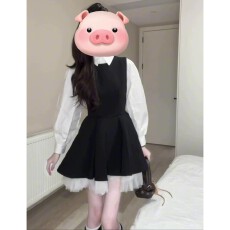 批发两件套#带胸针黑色<b class='q'>连衣裙</b>女秋季网纱撞色公主蓬蓬裙+白色上衣