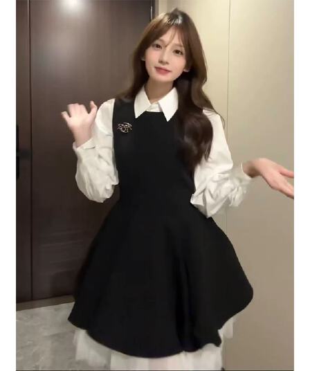 투피스 세트 벨트 브로치 검정색 여성 드레스 가을 망사 배색 공주 퍼프 스커트 화이트 맨위