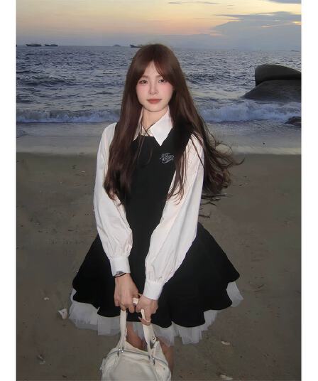 투피스 세트 벨트 브로치 검정색 여성 드레스 가을 망사 배색 공주 퍼프 스커트 화이트 맨위