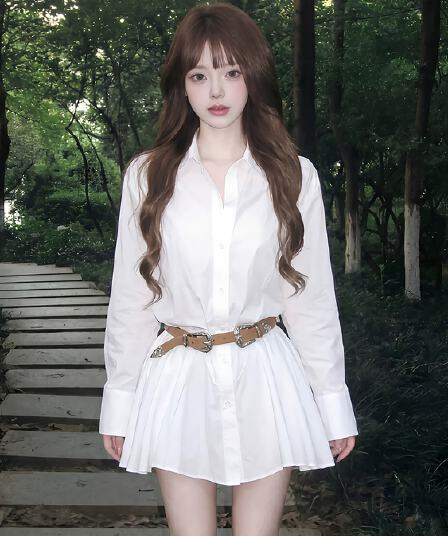 화이트 폴로 칼라 긴팔 셔츠 드레스 반바지 세트 여성 디자인 센스 치마