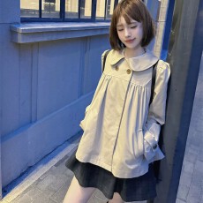 批发韩系复古卡其色娃娃领风衣外套女<b class='q'>秋</b>季新款设计感宽松百搭上衣
