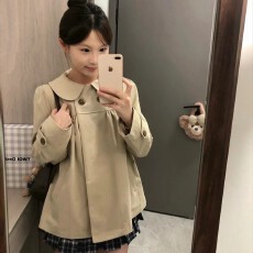 批发韩系复古卡其色娃娃领风衣外套女<b class='q'>秋</b>季穿搭氛围感宽松百搭大衣