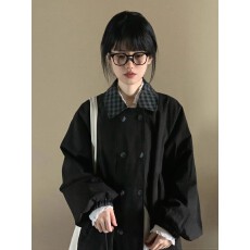 批发黑色娃娃领<b class='q'>风衣</b><b class='q'>外套女</b>2026秋季新款拼接格纹中长款灯笼袖大衣外搭