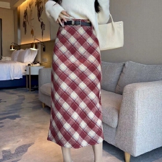 批发复古红色格子毛呢开叉半身裙女秋冬高腰显瘦长裙高级感配毛衣裙子
