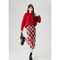 批发红色格子<b class='q'>半身</b>裙女秋冬季高腰显瘦遮跨春季中长款毛呢a字裙包臀裙