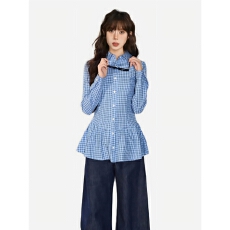 批发蓝色<b class='q'>格子衬衫</b>女春秋季设计感长袖修身收腰内搭衬衣女款学院风上衣