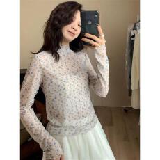 批发蕾丝<b class='q'>长袖</b>t恤女薄秋季内搭紧身针织网纱打底小衫短款防晒修身上衣