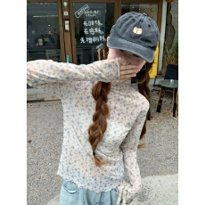 批发高领蓝色碎花长袖<b class='q'>T</b><b class='q'>恤</b>女秋季韩系甜美木耳边百搭微透打底衫上衣