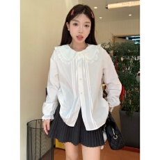 批发春秋<b class='q'>长袖</b>泡泡风上衣女法式复古蕾丝边娃娃领白色<b class='q'>衬衫</b>系带宽松<b class='q'>衬衣</b>