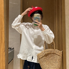 批发韩系学院风荷叶边下摆<b class='q'>森系</b>长袖<b class='q'>衬衫</b>女春秋新款学院风宽松显瘦<b class='q'>衬衣</b>