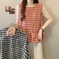 批发2026年夏季新款法式减龄<b class='q'>格子衬衫</b>背心女外穿无袖度假风上衣娃娃衫