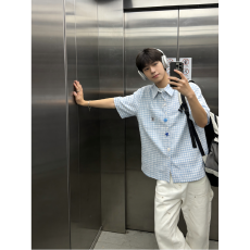 美式高街趣味纽扣短袖衬衫男女装夏季新款多巴胺学生情侣格子衬衣