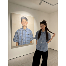 批发复古港风休闲格纹短袖通勤<b class='q'>衬衫女</b>装夏季字母刺绣百搭宽松外穿衬衣