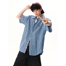 美式复古格纹刺绣短袖衬衫男女装夏季学生宽松T恤设计感情侣外套