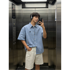 少年感蓝格纹刺绣翻领衬衫男2026夏季学生宽松复古设计感休闲外套