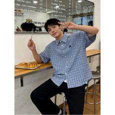 学院少年感格纹短袖衬衫男夏季宽松复古潮牌百搭衬衣学生休闲外套