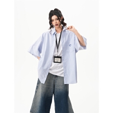 批发美式笑脸刺绣短袖衬衫女装夏季宽松古巴领条纹半袖衬衣休闲<b class='q'>外套</b>